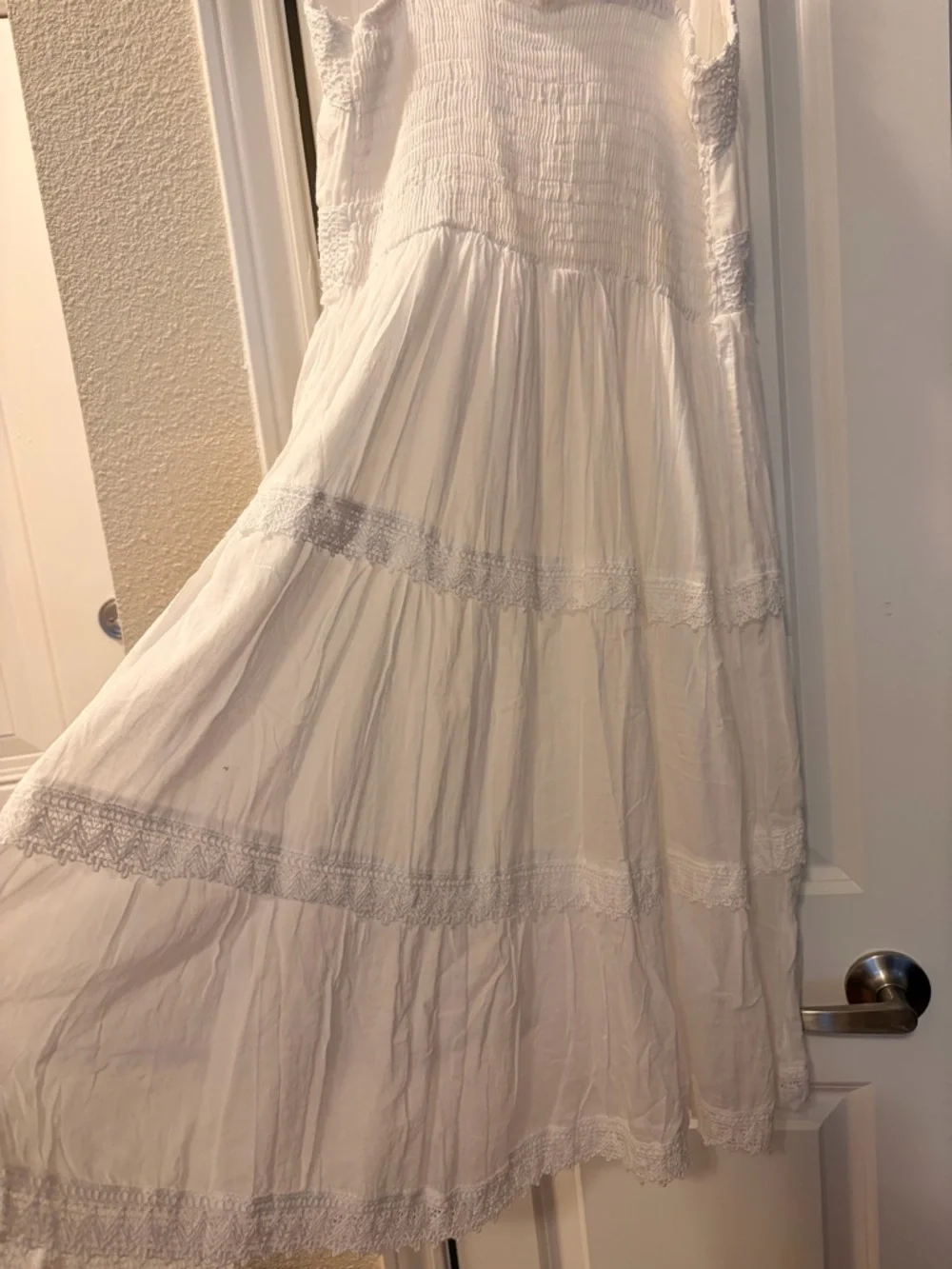 White Cotton Boho Tiered Maxi Dress with Lace Trim - Picture 2 of 8
